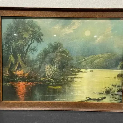 Vintage Framed “The Hunters Campfire” Print 