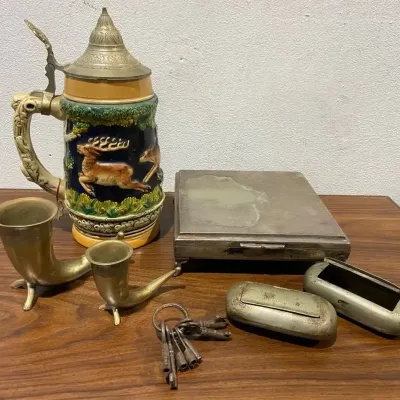 Vntg Norwegian Pewter Drinking Horns, German Beer Stein, British Pewter Snuff Boxes, 30s Box & More