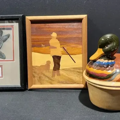 Wood Inlay Bird Hunting Art, Duck Tureen, Ducks Unlimited Stamp & 3D Duck Set
