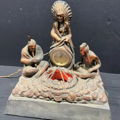 1920’-‘30’s Native American Indian Chief Camp Fire Electric Bronze Clock Lamp