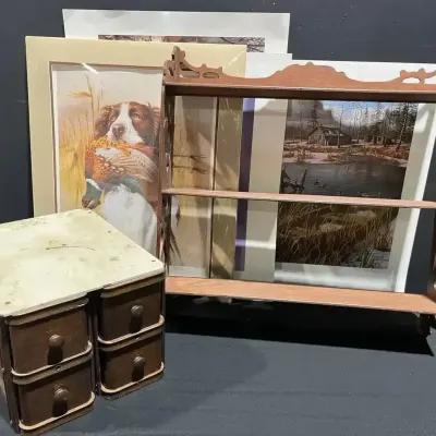 Treadle Sewing Machine Drawers, Scroll & Fretwork Wall Shelf + Prints