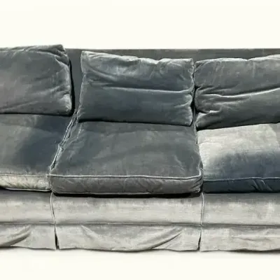 Mid-century Blue Velvet Upholstered Three-Seat Sofa