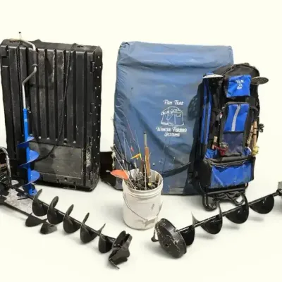 Ice Fish Bundle: Dave Genz Shelter, Gas & Manual Augers, Rods, & More