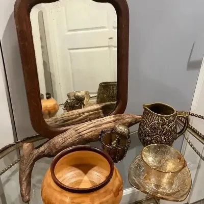 Antique Mirror, Stoke On Trent England Majolica Pitcher, Natural Wood Pieces, Carnival Glass & More