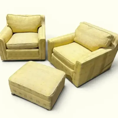 Vintage Milo Baughman Style Yellow Textured Lounge Chairs & Ottoman Set