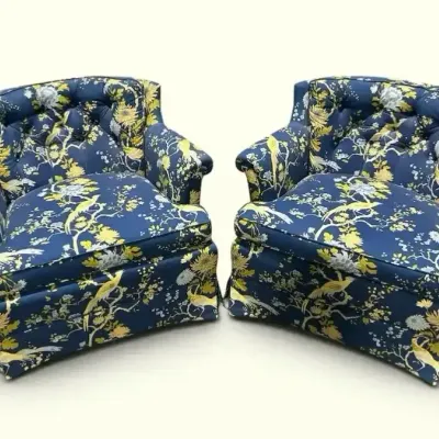 Vintage English Regency Style Tufted Club Chairs in Blue Chinoiserie Floral & Bird Chintz