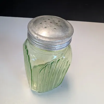 Vintage Green Depression Glass Vaseline Uranium Sugar Shaker Ribbed Jar