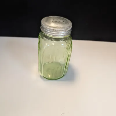 Vintage Green Depression Glass Vaseline Uranium Sugar Shaker Ribbed Jar