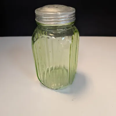 Vintage Green Depression Glass Vaseline Uranium Sugar Shaker Ribbed Jar