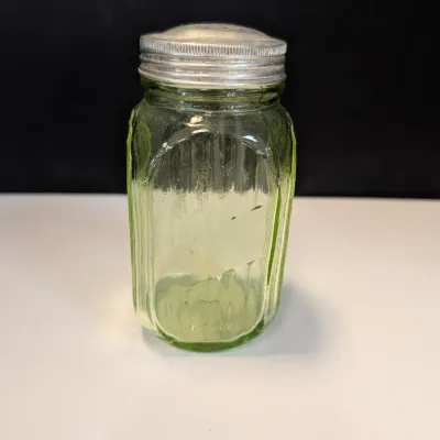Vintage Green Depression Glass Vaseline Uranium Sugar Shaker Ribbed Jar