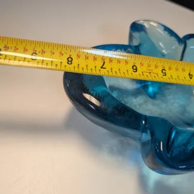 Mid Century Art Glass Turquoise Aqua Blue Glass Leaf Shaped Cigar Ashtray