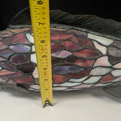 Vintage Large Bronze Tiffany Style-Stained Glass Fish Centerpiece Lamp