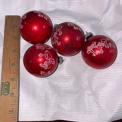 Sale Photo Thumbnail #181: Shiny Brite Vintage Christmas Glass stenciled - Red & White Mushroom Ornaments (4) 
Some crazing and discoloration