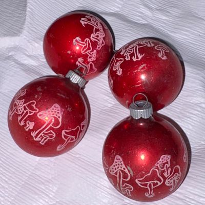 Sale Photo Thumbnail #177: Shiny Brite Vintage Christmas Glass stenciled - Red & White Mushroom Ornaments (4) 
Some crazing and discoloration
