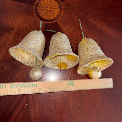 Sale Photo Thumbnail #214: Golden Glittered Christmas Bells MCM (3) 
Missing glitter, one is missing the bell dinger, one is not attached to rod inside. Easy fix, styrofoam ball replacements and some glitter~!