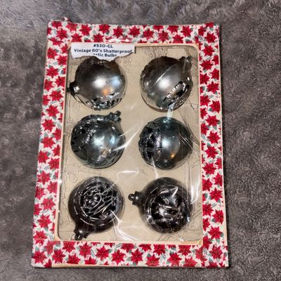Sale Photo Thumbnail #82: MCM Shatterproof Silver Blue Tone Christmas Bulbs (6) 
Box is not original