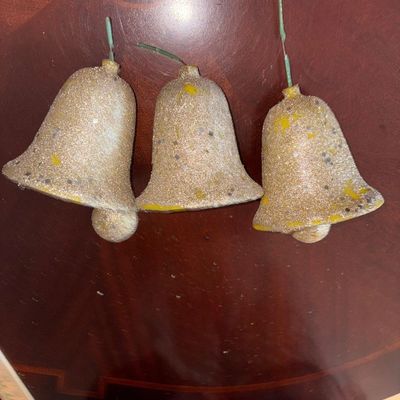 Sale Photo Thumbnail #210: Golden Glittered Christmas Bells MCM (3) 
Missing glitter, one is missing the bell dinger, one is not attached to rod inside. Easy fix, styrofoam ball replacements and some glitter~!