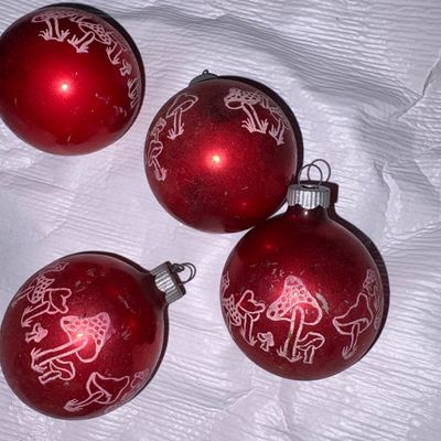 Sale Photo Thumbnail #179: Shiny Brite Vintage Christmas Glass stenciled - Red & White Mushroom Ornaments (4) 
Some crazing and discoloration