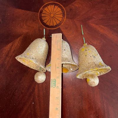 Sale Photo Thumbnail #213: Golden Glittered Christmas Bells MCM (3) 
Missing glitter, one is missing the bell dinger, one is not attached to rod inside. Easy fix, styrofoam ball replacements and some glitter~!