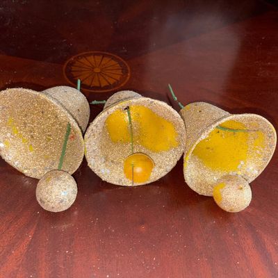 Sale Photo Thumbnail #211: Golden Glittered Christmas Bells MCM (3) 
Missing glitter, one is missing the bell dinger, one is not attached to rod inside. Easy fix, styrofoam ball replacements and some glitter~!