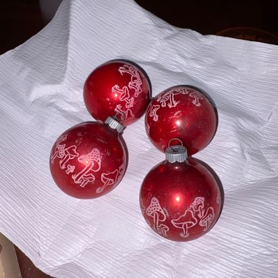 Sale Photo Thumbnail #180: Shiny Brite Vintage Christmas Glass stenciled - Red & White Mushroom Ornaments (4) 
Some crazing and discoloration
