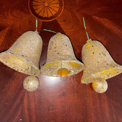 Sale Photo Thumbnail #212: Golden Glittered Christmas Bells MCM (3) 
Missing glitter, one is missing the bell dinger, one is not attached to rod inside. Easy fix, styrofoam ball replacements and some glitter~!