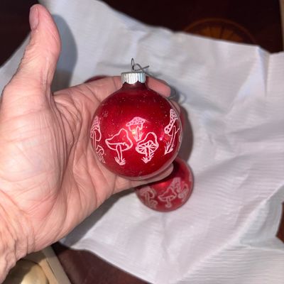 Sale Photo Thumbnail #178: Shiny Brite Vintage Christmas Glass stenciled - Red & White Mushroom Ornaments (4) 
Some crazing and discoloration