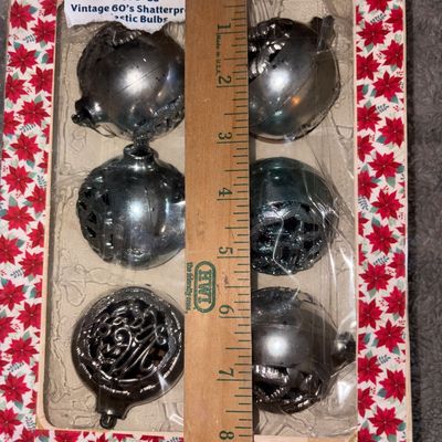 Sale Photo Thumbnail #84: MCM Shatterproof Silver Blue Tone Christmas Bulbs (6) 
Box is not original
