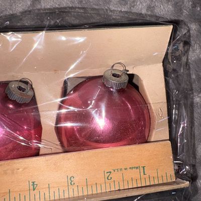 Sale Photo Thumbnail #47: Large MCM Pink Glass Christmas Bulbs (3) Original Box  - some crazing