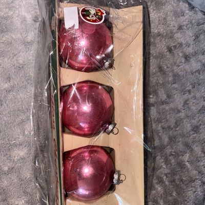 Sale Photo Thumbnail #45: Large MCM Pink Glass Christmas Bulbs (3) Original Box  - some crazing