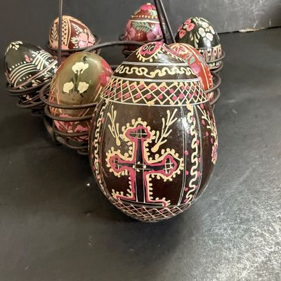 LOT 49: Ukrainian Style Fork Art Wood Eggs, Plate and Scarf and Signed Wooden Bowl