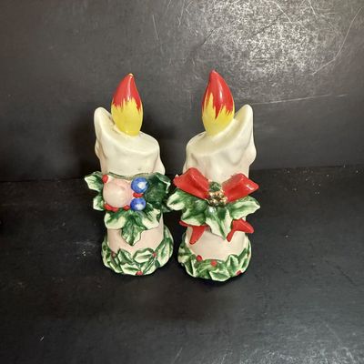 LOT 114: Vintage Lefton Christmas Candle Salt and Pepper Shakers, Napco Musical Angel Shakers and Cast Lead Santa