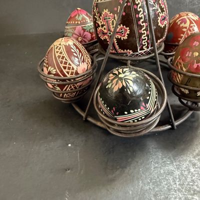 LOT 49: Ukrainian Style Fork Art Wood Eggs, Plate and Scarf and Signed Wooden Bowl