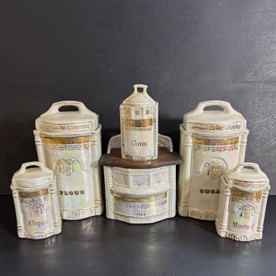 LOT 44: Vintage German Ceramic Lusterware Canisters, Spice Jars and Salt Box
