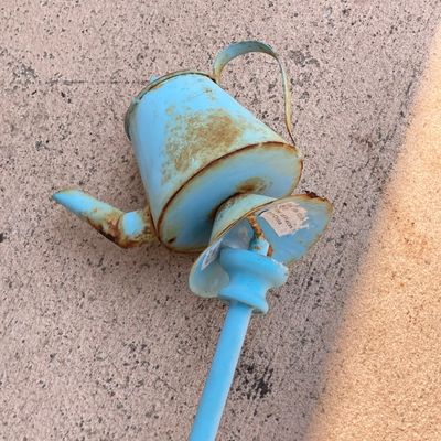 LOT 90: Vintage Garden Decor - Metal / Iron Leaf Shaped with Hummingbird Feeder and Tea Pot Garden Stake