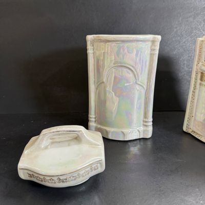 LOT 47: Vintage German Ceramic Lusterware Canisters, Spice Jars and Salt Box