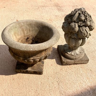 LOT 78: Concrete Garden Decor - Planter and Floral Statue