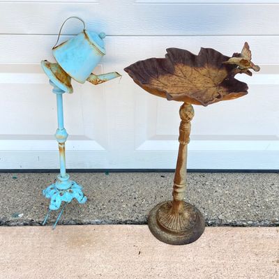LOT 90: Vintage Garden Decor - Metal / Iron Leaf Shaped with Hummingbird Feeder and Tea Pot Garden Stake
