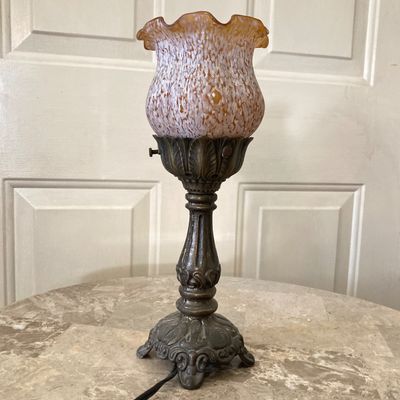 LOT 66: Wood Accent Table with Faux Marble Top, Cut Glass Pedestal Lidded Candy Dish and Decorative Lamp