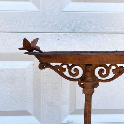 LOT 91: Vintage Garden Decor - Metal / Iron Hummingbird Feeder / Bath with Baby Coach