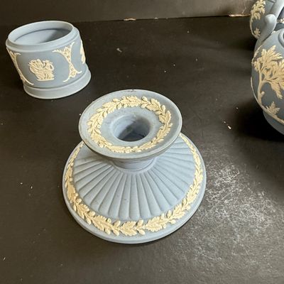 LOT 48: Wedgwood Blue Jasperware Creamer, Sugar Bowl, Trinket Box and Candle Holder