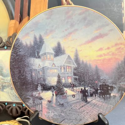LOT 129: Victorian Christmas Sleigh Ride Decor Including Miniature Wood Sled, Pictures, Plates, Snow-globe and More