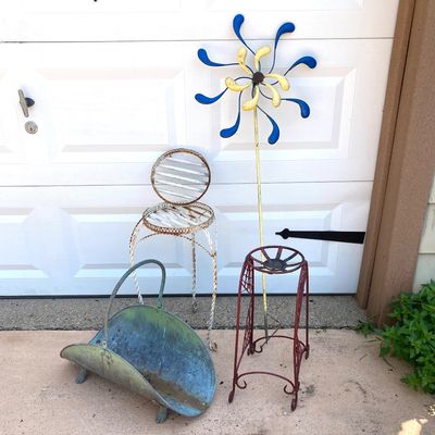 LOT 88: Garden / Outdoor Collection - Plant Holders, Spinner and Wood Holder