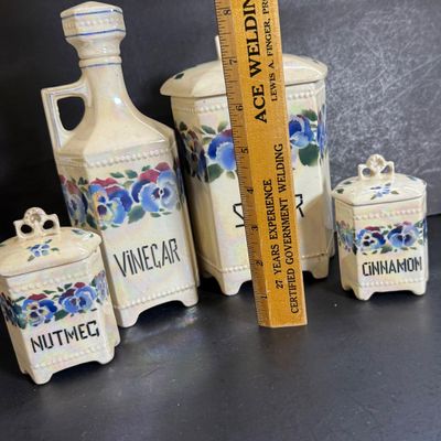 LOT 46: Vintage Cornet Czechoslovakian Ceramic Lusterware Canister, Spice Jars and Vinegar Decanter