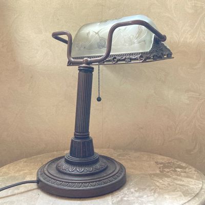 LOT 70: Vintage Banker's Desk Lamp with Frosted / Etched Floral Shade