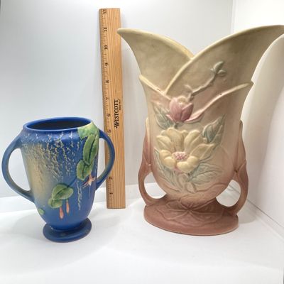 LOT 72: Classic Vintage Art Vases - Hull USA Magnolia 9 - 10 1/2 and Roseville Fuchsia Pattern in Blue
