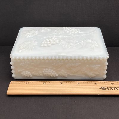 LOT 100: Three Uranium Glass Plates with Westmoreland Rectangular Milk Glass Lidded Box