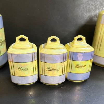 LOT 190: Vintage Czechoslovakian Lusterware Canister, Spice Jars and Decanters