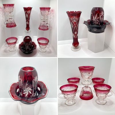 LOT 101: Beautiful Collection of Ruby / Red Cut to Clear Glass Fairy Light and Vase with Six Indiana Glass Lexington Ruby Stained Footed Cup