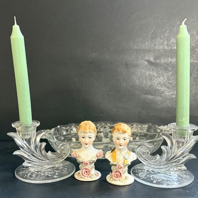 LOT 135: Etched Glass Serving Dish and Candle Holders, Victorian Bust Shakers, Metal Tray, Salt Dishes and More